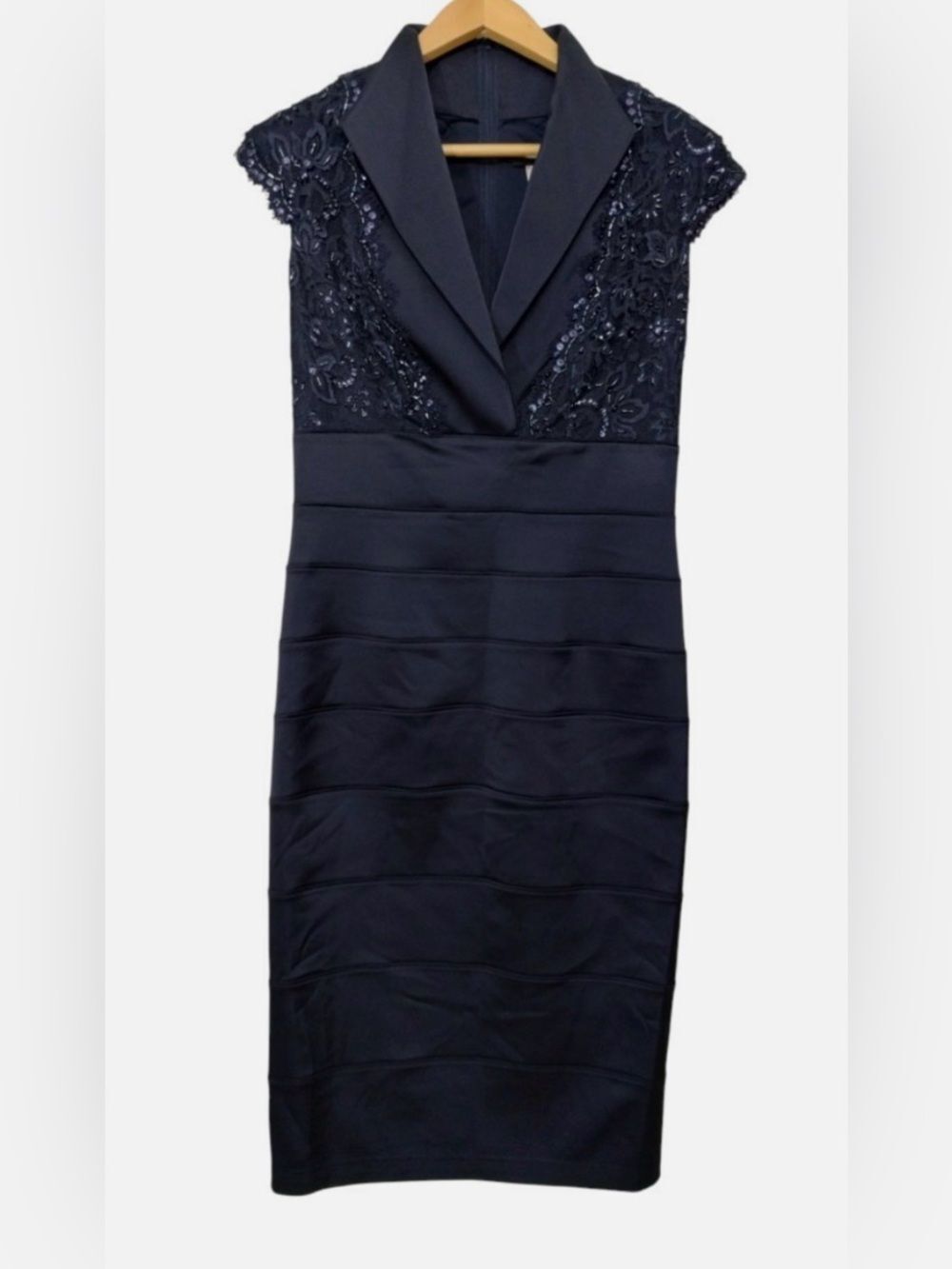 Tadashi Collection Navy Sequin Cocktail Dress Size 16 Tiered Satin Skirt Formal